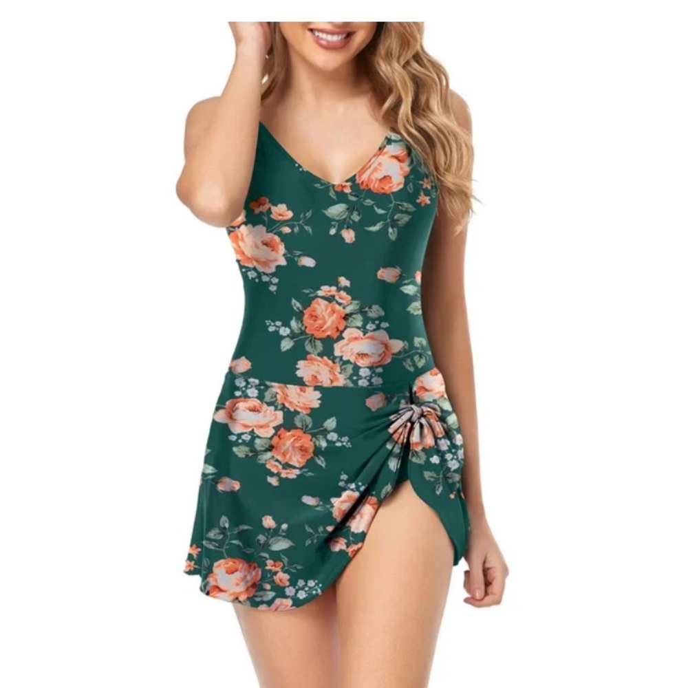 SheCurve Women's Tummy ControlPlus Size 1 Piece Swimsuit/dress Large Teal Floral